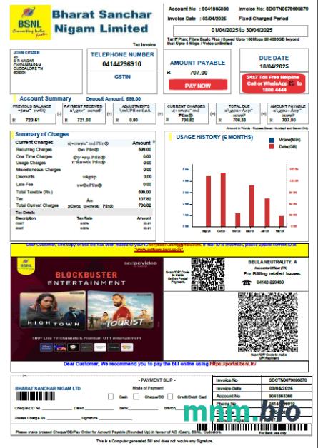 Indie Bharat Sanchar Nigam Ograniczony szablon rachunku za media w formatach Word i PDF, Wersja 4
